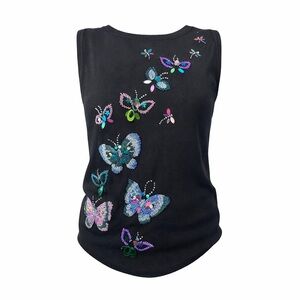 Vintage Sweaterworks Beaded Butterfly Sweater Tank Y2K Sequin Embellished Knit